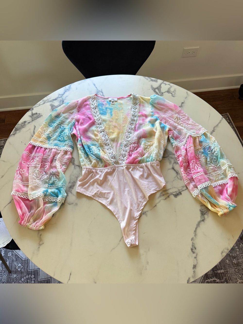River Island Pastel Tie-Dye Lace-Trim Long Sleeve Bodysuit - Pink Blue Yellow
